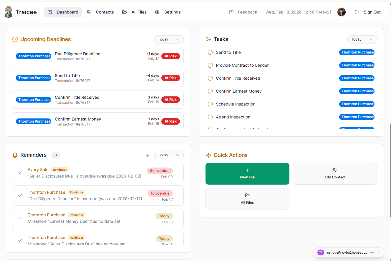 Traicee dashboard screenshot
